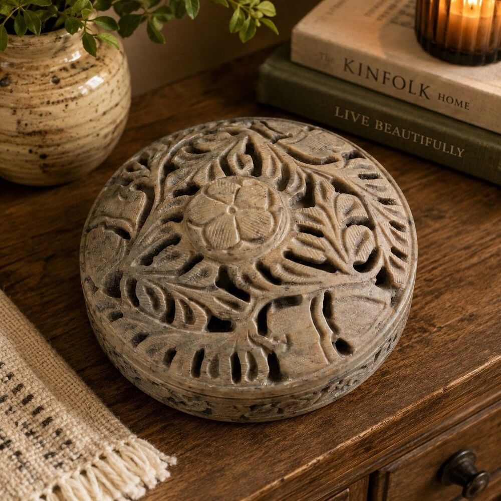 Boho Vintage Hand Carved Soapstone Trinket Box Floral Jewelry Storage India